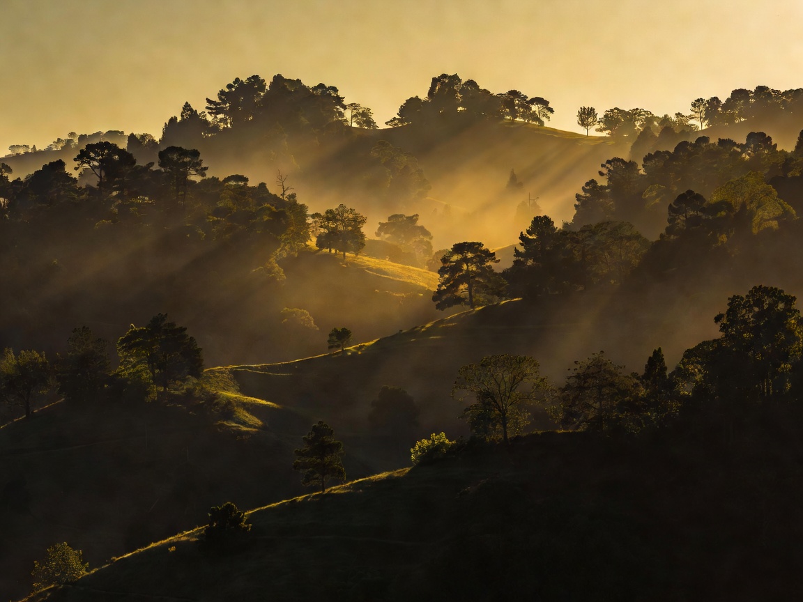 Golden Sun Rays Casting Strong Silhouettes on Tree Hillsides