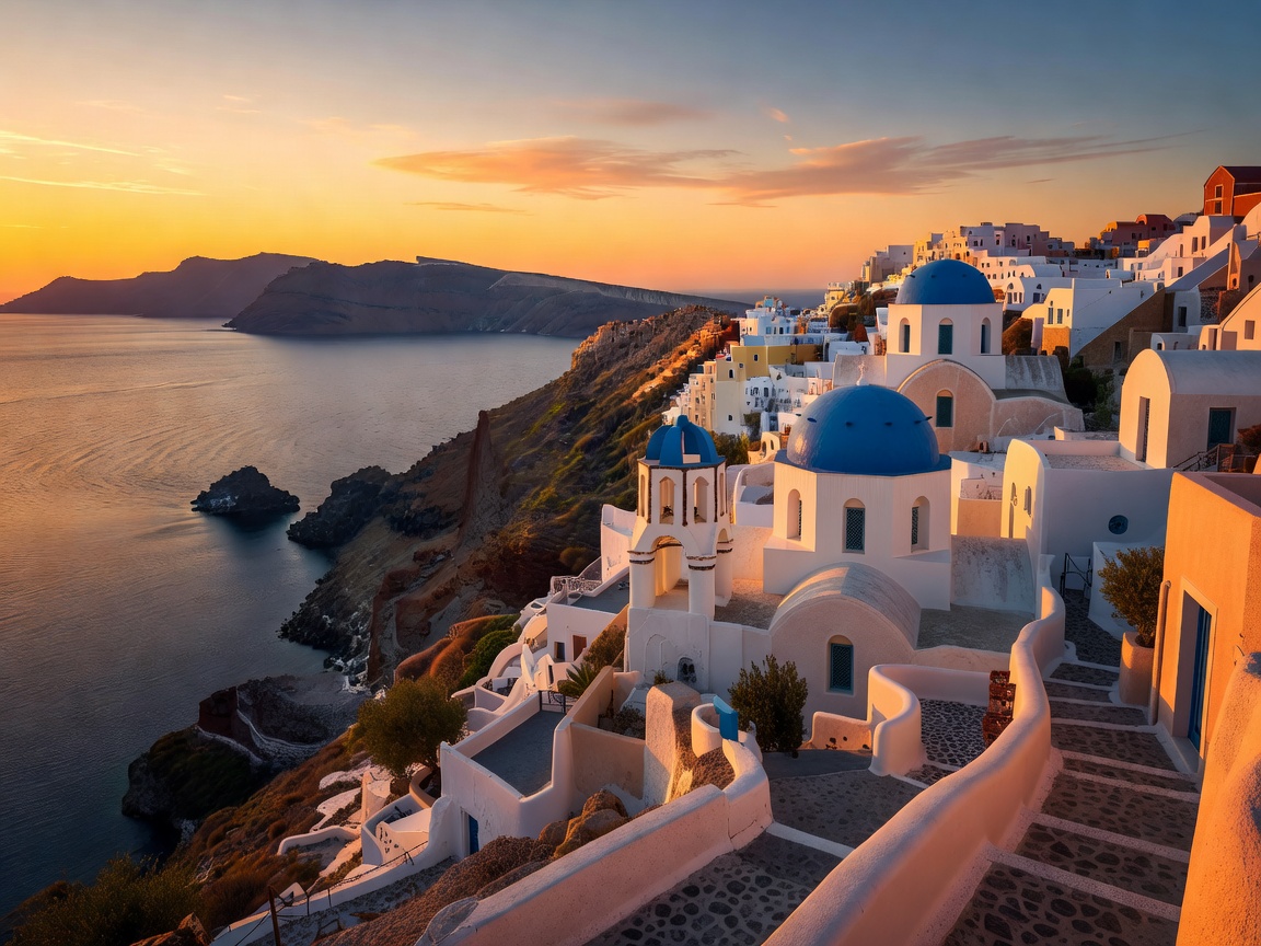 Oia Village Caldera Sunset in Santorini Greece