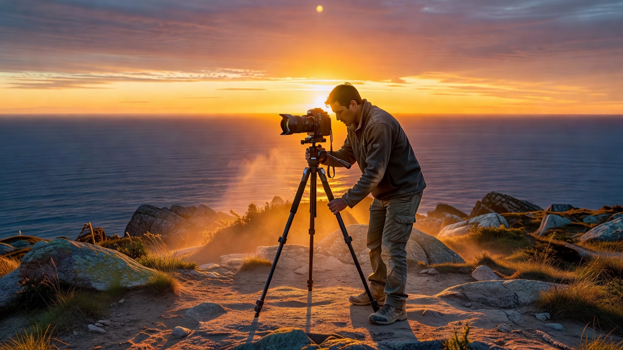 Photographer setting up camera on tripod facing golden hour sunset horizon