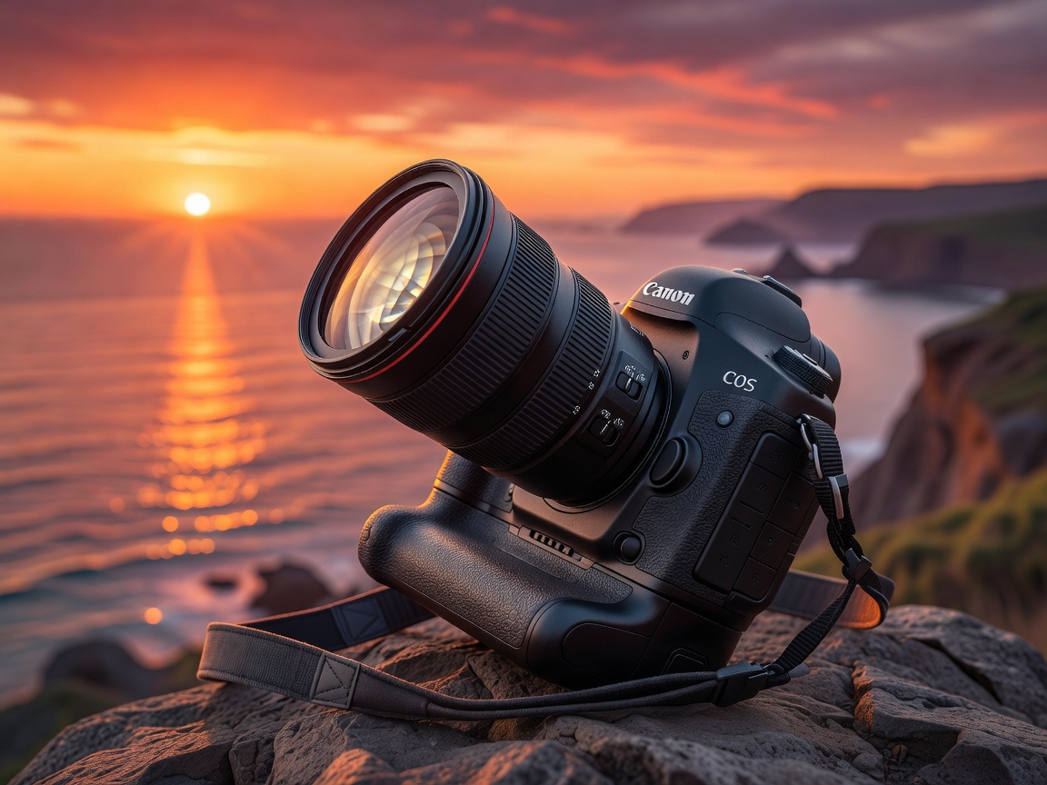 Professional Camera Tripod Setup during Golden Hour Sunset